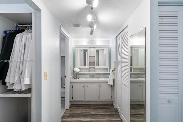 bathroom featuring track lighting, wood-type flooring, vanity, and a textured ceiling