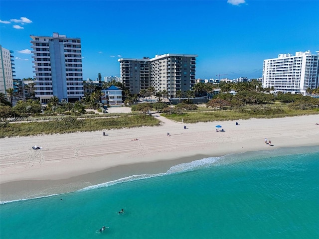 drone / aerial view with a water view and a view of the beach