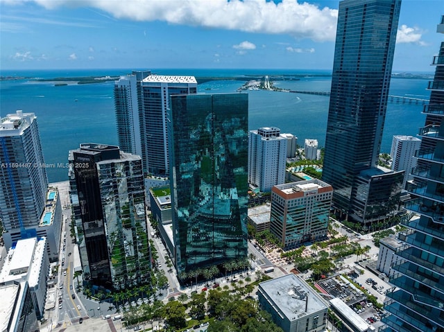 birds eye view of property featuring a water view and a city view