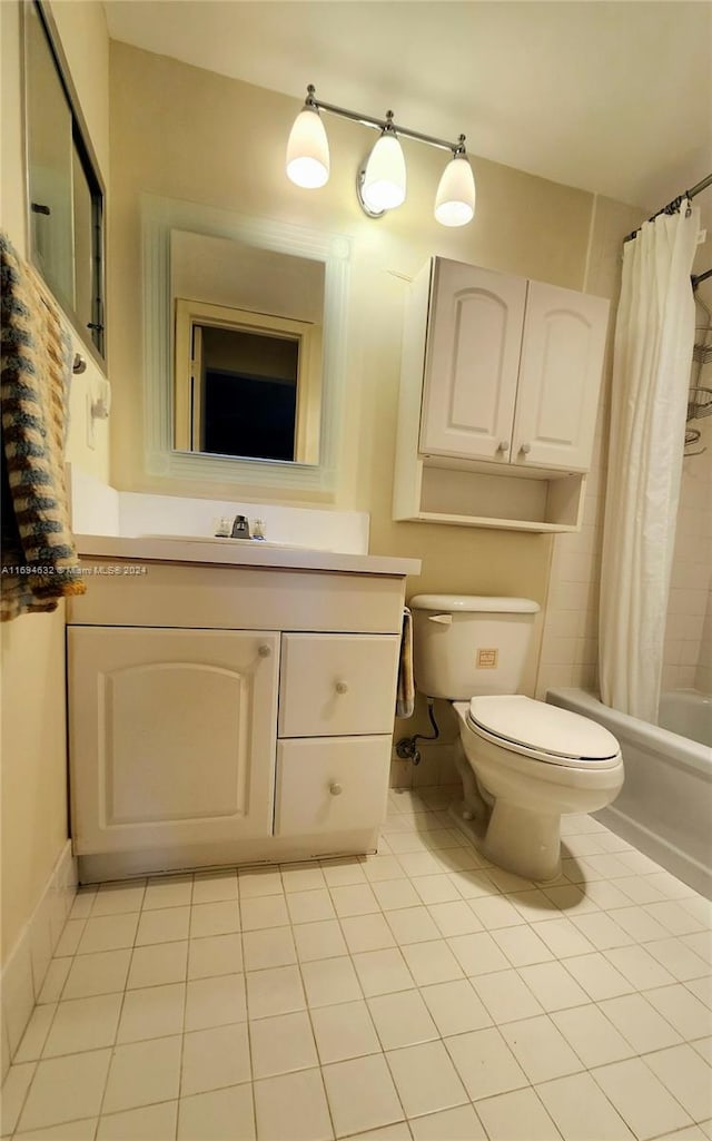 full bathroom with tile patterned floors, vanity, toilet, and shower / bathtub combination with curtain