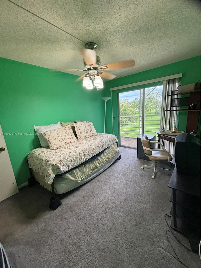 bedroom featuring carpet, a textured ceiling, access to outside, and ceiling fan