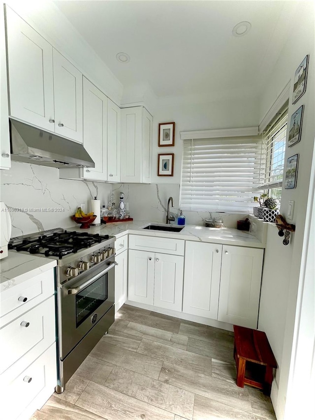 kitchen featuring decorative backsplash, high end stainless steel range oven, sink, white cabinets, and light hardwood / wood-style floors