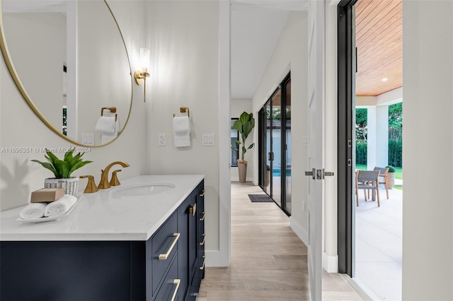 bathroom featuring hardwood / wood-style flooring and vanity