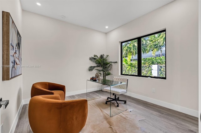 home office with hardwood / wood-style floors