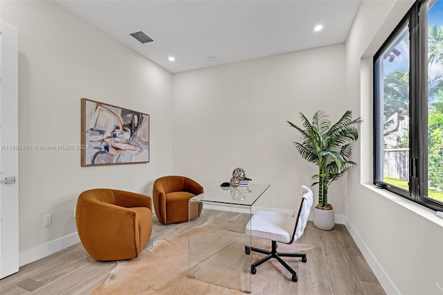 living area featuring a healthy amount of sunlight and light hardwood / wood-style floors