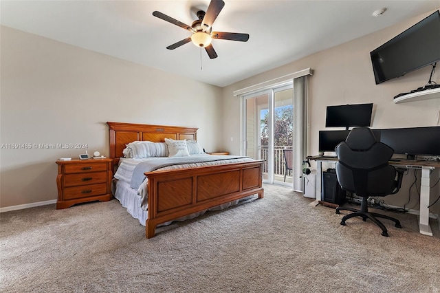 bedroom with ceiling fan, light colored carpet, and access to outside