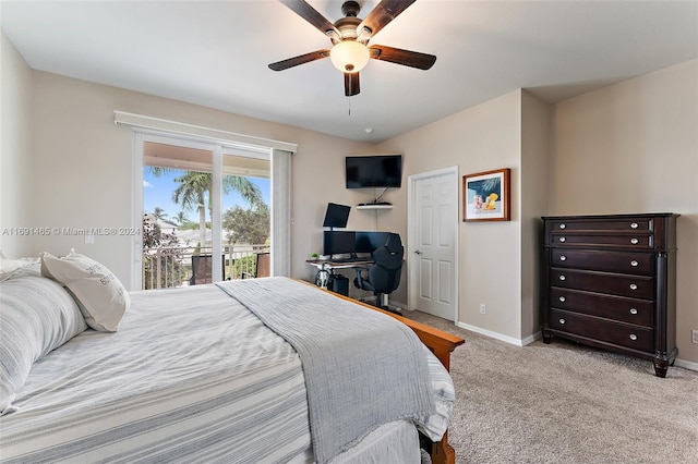 carpeted bedroom with access to exterior and ceiling fan