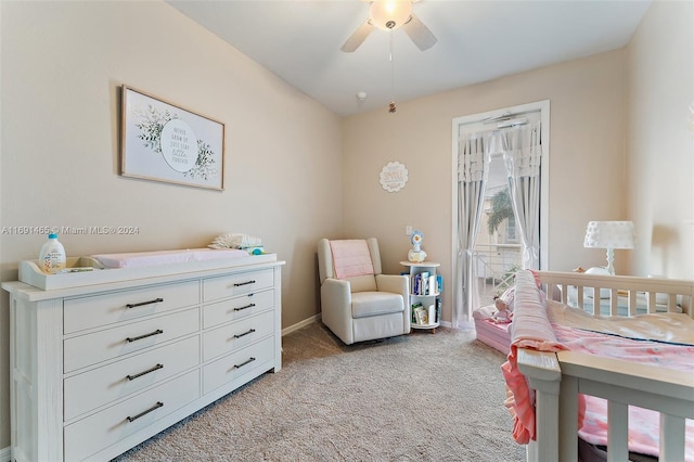 carpeted bedroom featuring ceiling fan