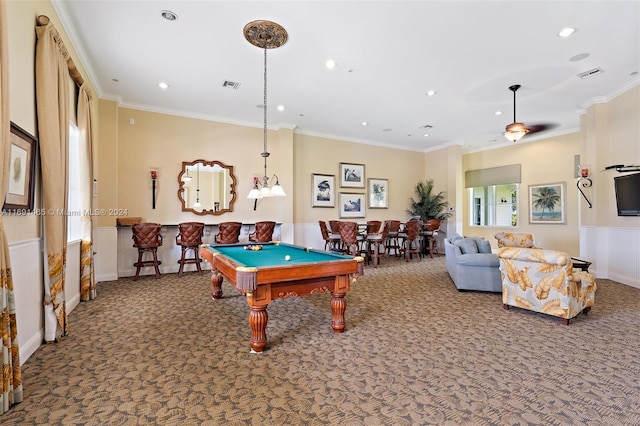 rec room featuring carpet flooring, crown molding, and billiards