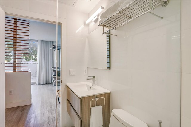 bathroom with hardwood / wood-style floors, vanity, and toilet