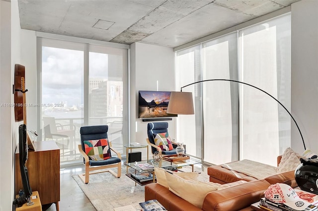 living room with plenty of natural light and expansive windows