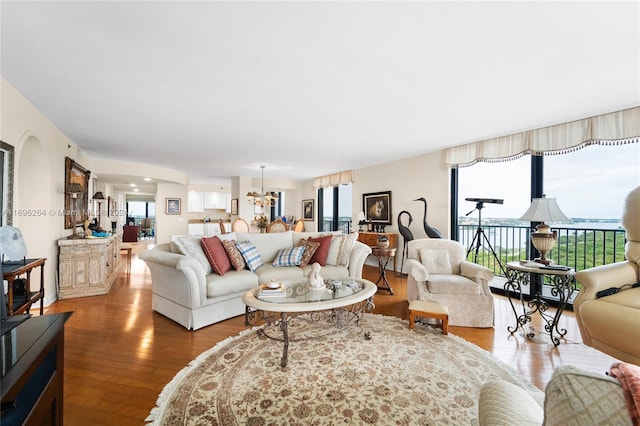 living room with a chandelier, a healthy amount of sunlight, and hardwood / wood-style flooring