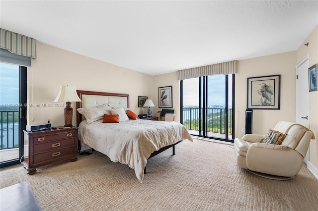 bedroom with access to exterior, light colored carpet, multiple windows, and a water view