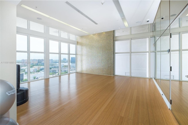 interior space featuring floor to ceiling windows, wood-type flooring, and a high ceiling