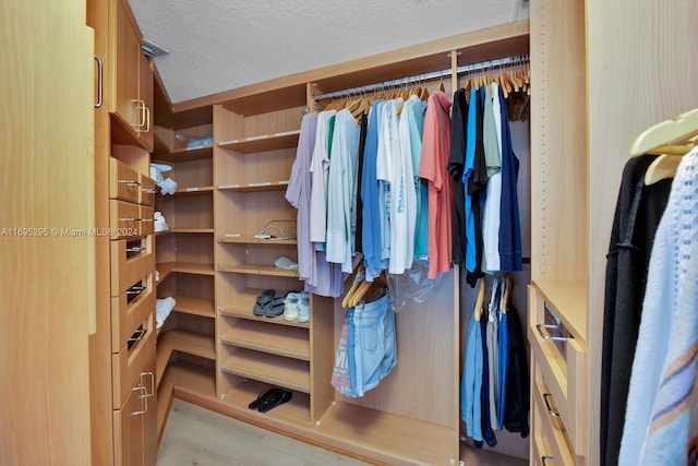 walk in closet with light hardwood / wood-style flooring