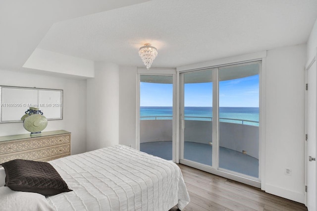 bedroom featuring light wood-type flooring, a water view, and multiple windows