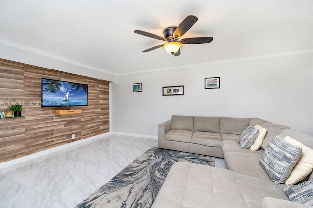 living room featuring ceiling fan and crown molding