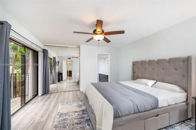 bedroom with ceiling fan, access to exterior, connected bathroom, and light hardwood / wood-style flooring