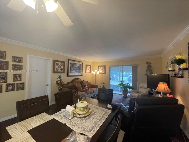 dining area with ceiling fan and ornamental molding