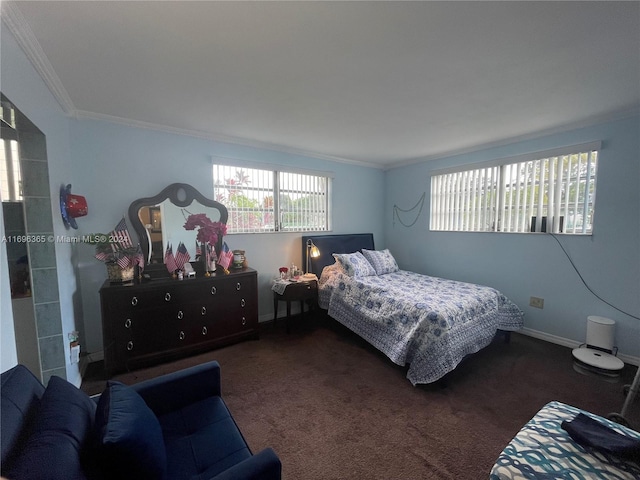 carpeted bedroom with ornamental molding