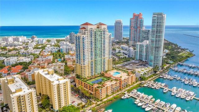 aerial view featuring a water view