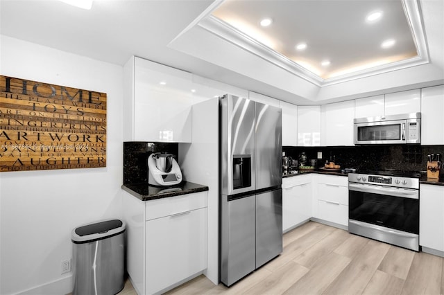 kitchen featuring a raised ceiling, white cabinetry, appliances with stainless steel finishes, and tasteful backsplash