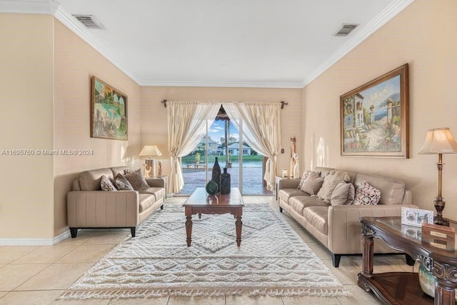 living room with ornamental molding and light tile patterned flooring