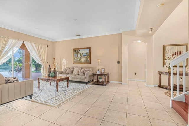 tiled living room featuring crown molding