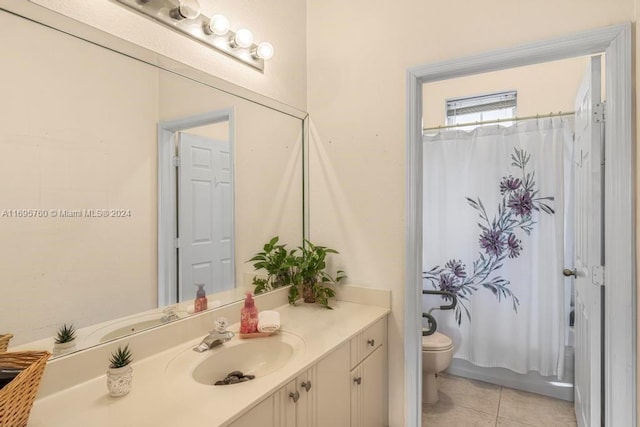 full bathroom with tile patterned floors, vanity, toilet, and shower / bathtub combination with curtain