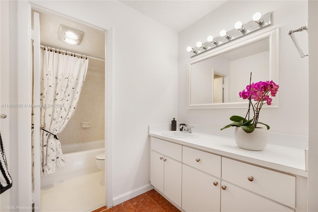 full bathroom featuring tile patterned floors, a textured ceiling, vanity, shower / bathtub combination with curtain, and toilet