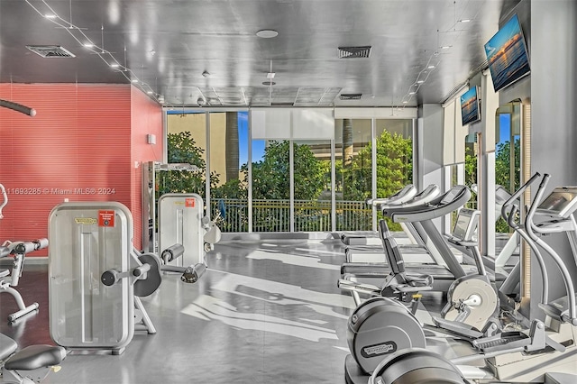 workout area featuring floor to ceiling windows