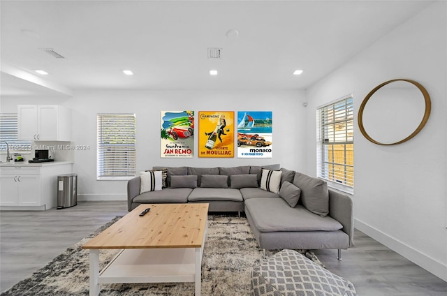 living room with sink and light hardwood / wood-style flooring