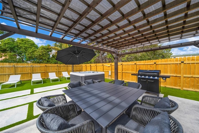 view of patio with a grill, a pergola, and a hot tub