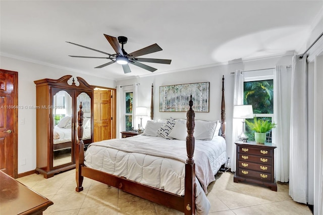 tiled bedroom featuring crown molding and ceiling fan