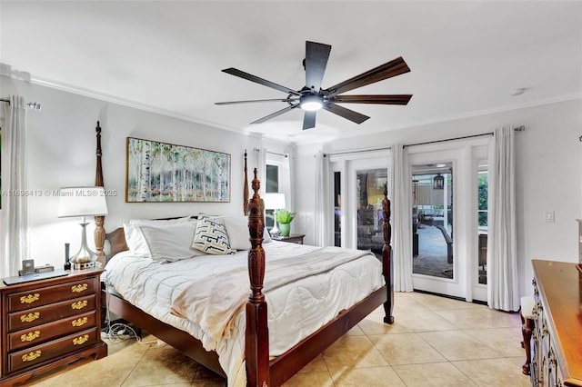 bedroom featuring light tile patterned flooring, access to outside, and ceiling fan