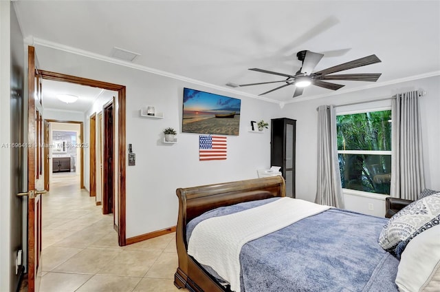 tiled bedroom featuring crown molding and ceiling fan