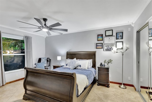 bedroom with ornamental molding, light tile patterned flooring, and ceiling fan