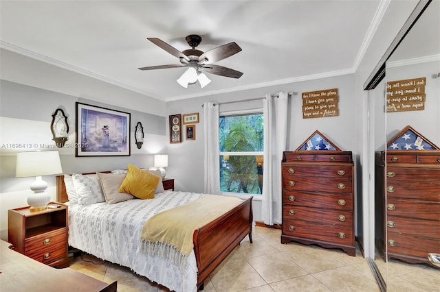 tiled bedroom featuring crown molding and ceiling fan