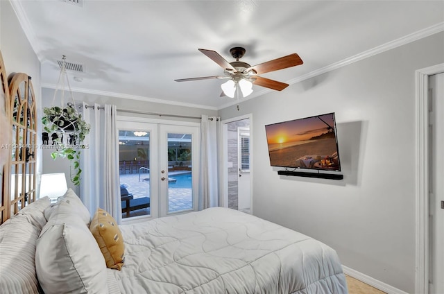 bedroom with crown molding, access to outside, french doors, and ceiling fan