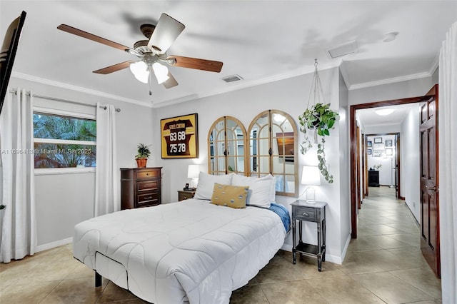 tiled bedroom with crown molding and ceiling fan