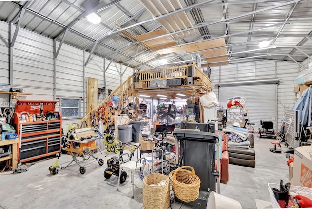 garage with a workshop area