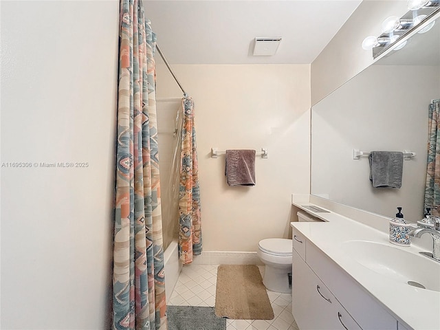 full bathroom with vanity, toilet, tile patterned flooring, and shower / bath combo with shower curtain