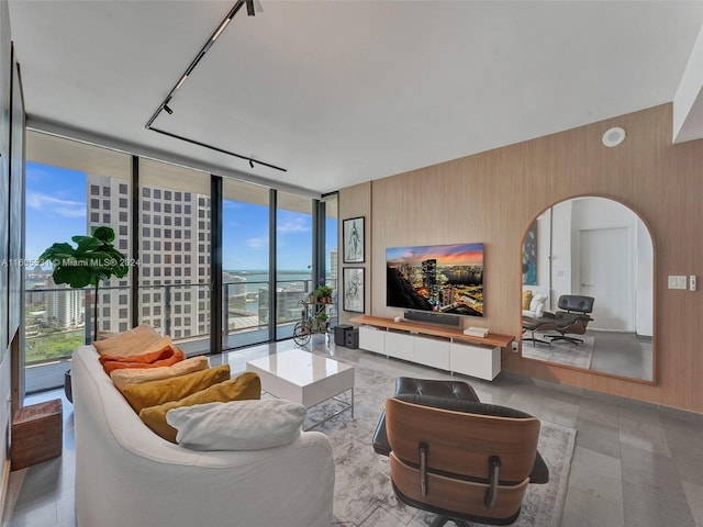 living room featuring plenty of natural light, a wall of windows, and wood walls