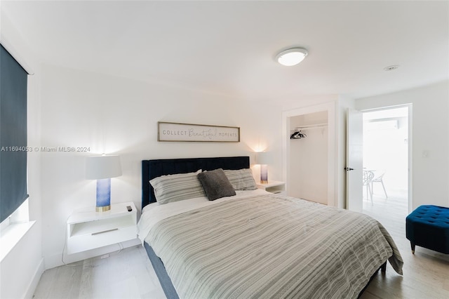 bedroom featuring hardwood / wood-style floors, a walk in closet, and a closet