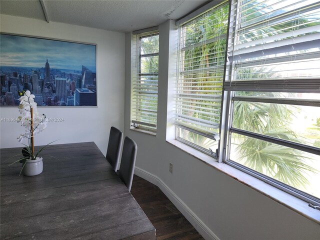 dining space featuring dark hardwood / wood-style floors, a textured ceiling, and a wealth of natural light