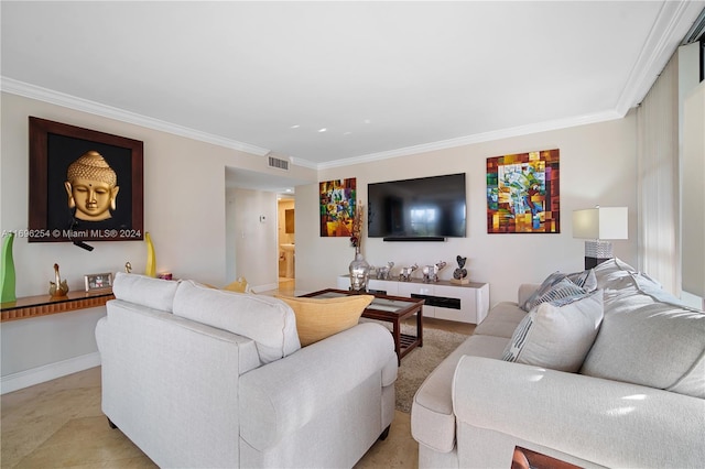 living room with crown molding