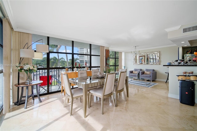 dining area with an inviting chandelier, crown molding, expansive windows, and a healthy amount of sunlight