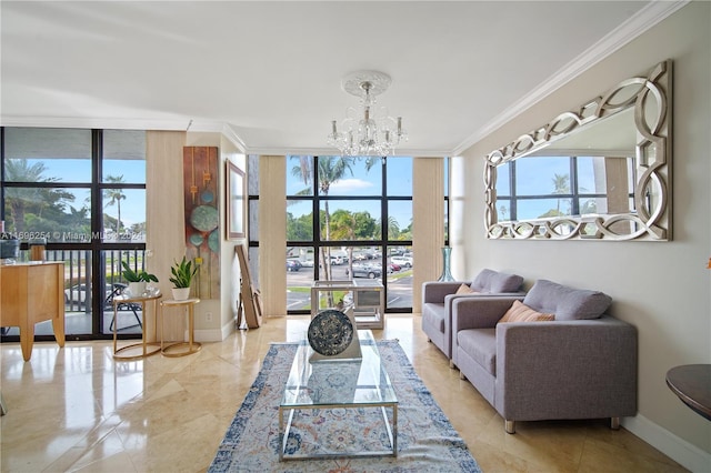 living room featuring plenty of natural light, an inviting chandelier, and ornamental molding