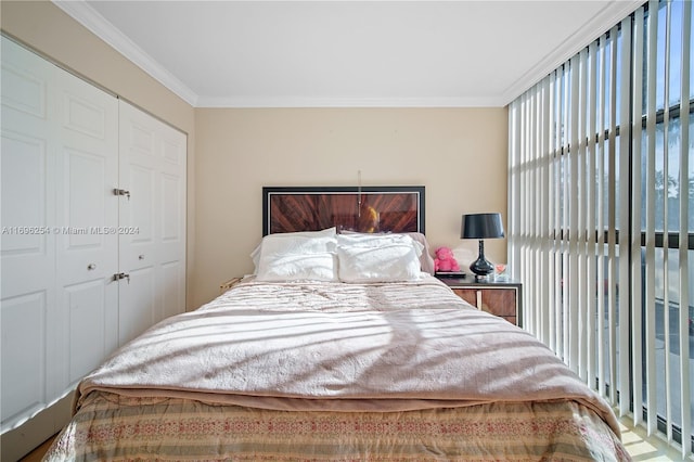 bedroom featuring crown molding and a closet