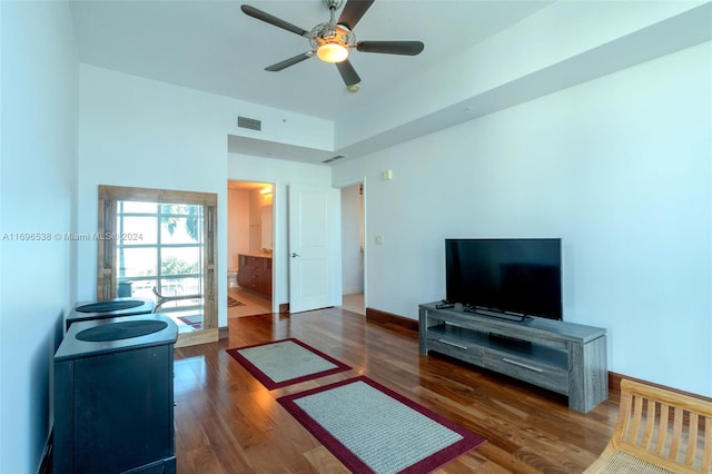 1945 S Ocean Dr Unit M5, Hallandale Beach, FL 33009 - living area featuring wood finished floors, a ceiling fan, and baseboards